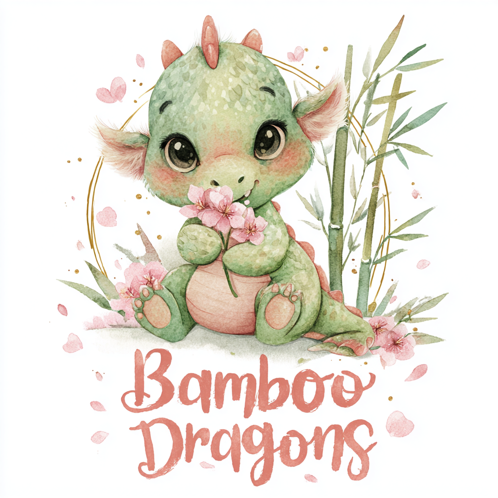 Bamboo Dragons - Whimsical Baby Dragon Logo with Pastel Flowers